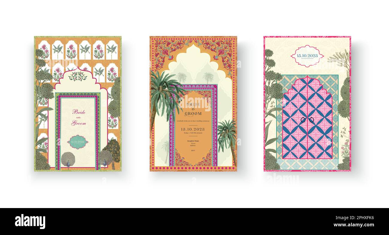 Ensemble de cartes de mariage Mughal. Jeu de cartes d'invitation pour l'impression d'illustrations vectorielles. Illustration de Vecteur