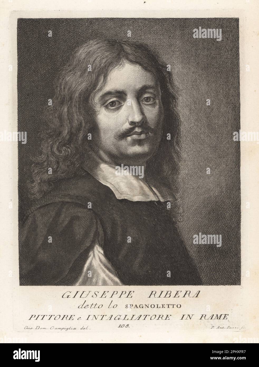 Luca Giordano, peintre et graveur italien de fin-baroque, 1634-1705. Identifié par Nicola Spinosa en 2006. (Sous le nom de Giuseppe de Ribera ou José de Ribera, peintre et graveur, connu sous le nom de lo Spagnoletto.) Gravure sur plaque de coperplate par Pietro Antonio Pazzi d'après Giovanni Domenico Campiglia après un autoportrait par l'artiste du Museo Florentino de Francesco Moucke, Serie di Ritratti de Pittori (série de Portraits de Peintres) stampia Mouckiana, Florence, 1752-62. Banque D'Images