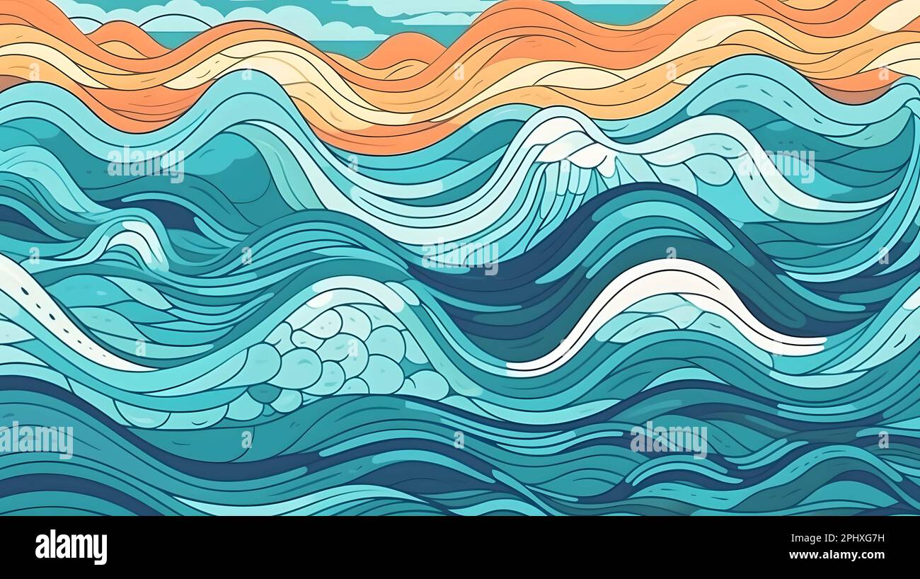 Motif sans couture avec vagues dessinées à la main. Arrière-plan vectoriel coloré. Banque D'Images