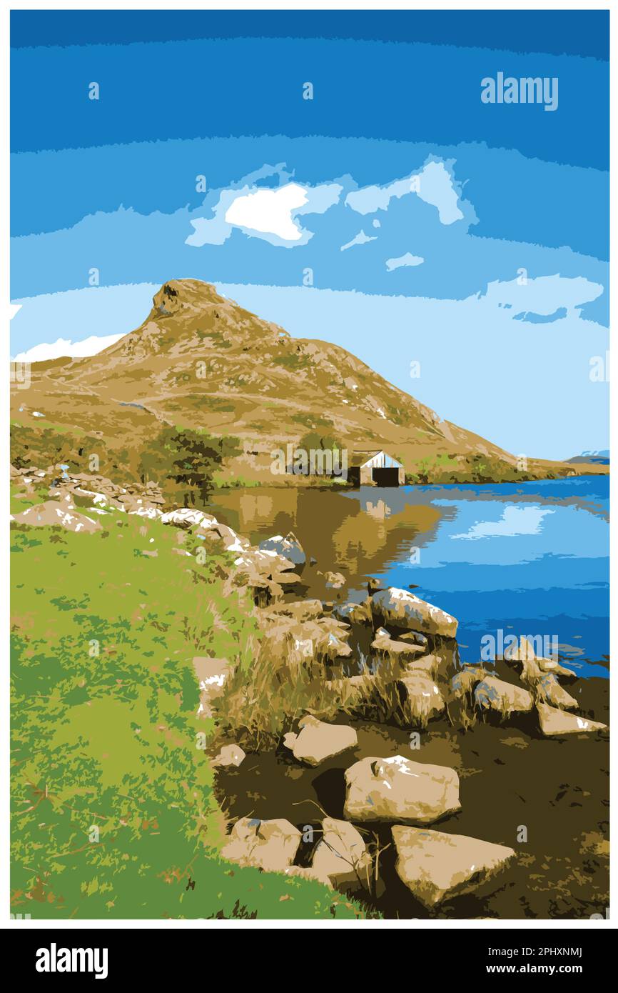 Poster rétro nostalgique de voyage. La montagne Cefn-hir et le lac Cregennan se trouvent en automne dans le parc national de Snowdonia, à Dolgellau, au pays de Galles, au Royaume-Uni. Illustration de Vecteur