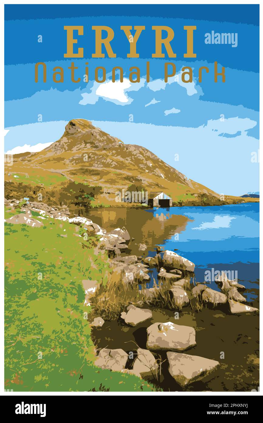 Poster rétro nostalgique de voyage. La montagne Cefn-hir et le lac Cregennan se trouvent en automne dans le parc national de Snowdonia, à Dolgellau, au pays de Galles, au Royaume-Uni. Illustration de Vecteur