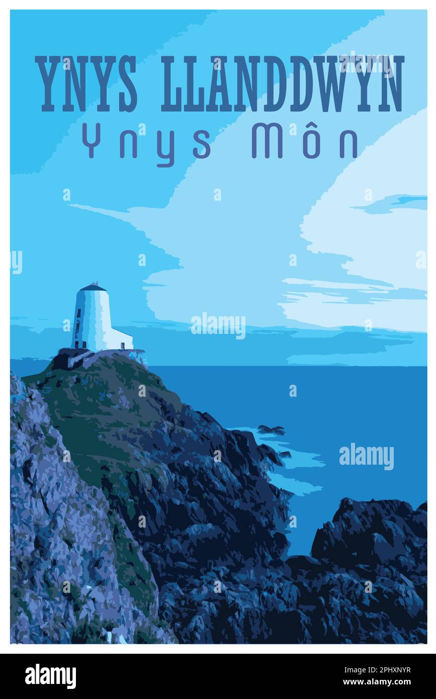 Affiche rétro nostalgique du phare de Llanddwyn, Anglesey, pays de Galles, dans le style de travail Administration des projets. Illustration de Vecteur