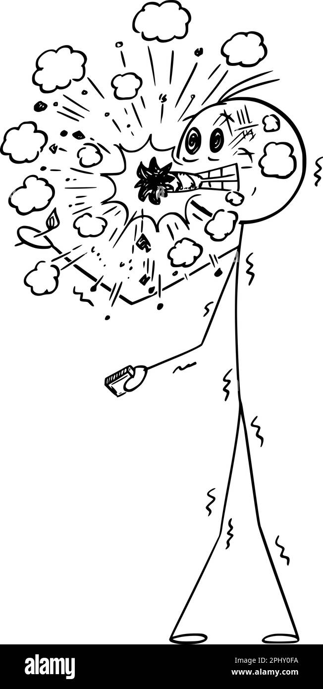 Fumeur avec un gros cigare malsain de tabac explosant , figure de bâton de dessin animé vectoriel ou illustration de caractère. Illustration de Vecteur