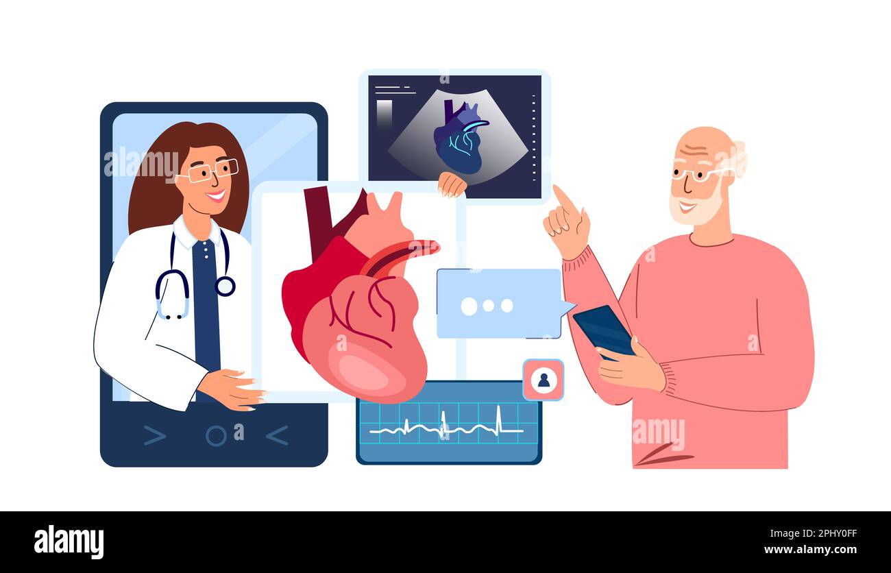 Cardiologue en ligne Docteur Consultate patient Pensioner Old Man.Medical Hospital.Internet diagnostic fluorography.Heart desease,carte de pression artérielle Banque D'Images