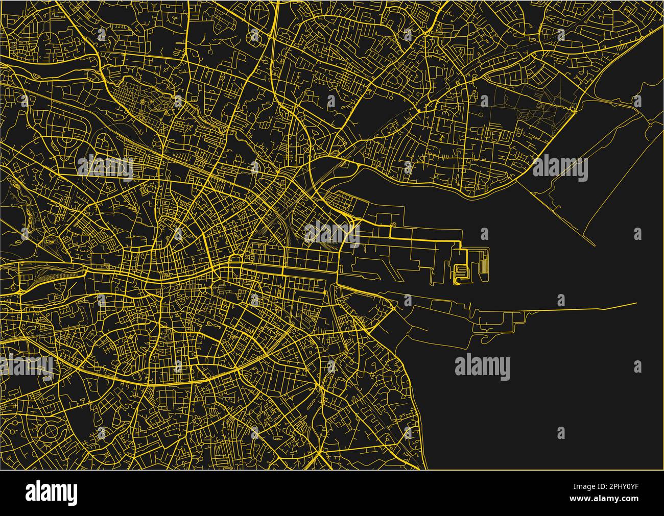 Carte de la ville de Dublin à vecteur noir et jaune avec des couches séparées bien organisées. Illustration de Vecteur