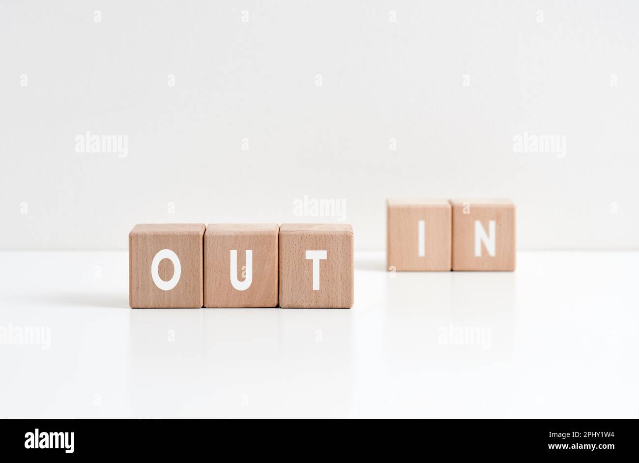 Des articles de mode ou de technologie désuets, peu tendance et peu à la mode. Pour sortir ou quitter une formation. Les mots dedans et dehors sur des cubes en bois avec le W Banque D'Images