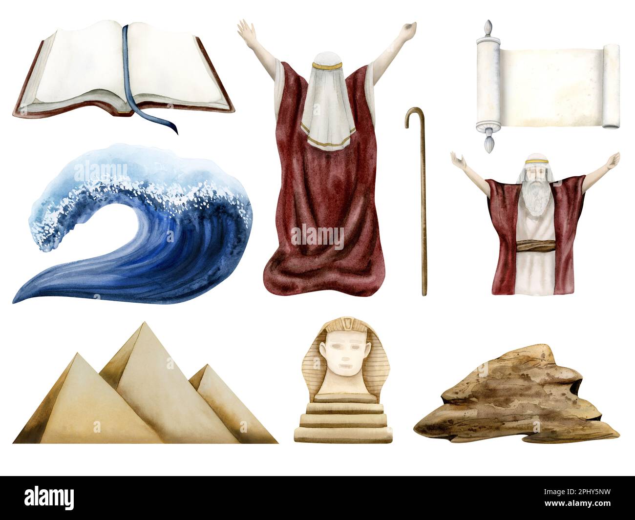 Exode éléments d'illustration bundle pour la Pâque Haggadah shel Pesach. Aquarelle pyramides d'Égypte, Sphynx, Moïse, vague de la mer Rouge, histoire biblique juive Banque D'Images