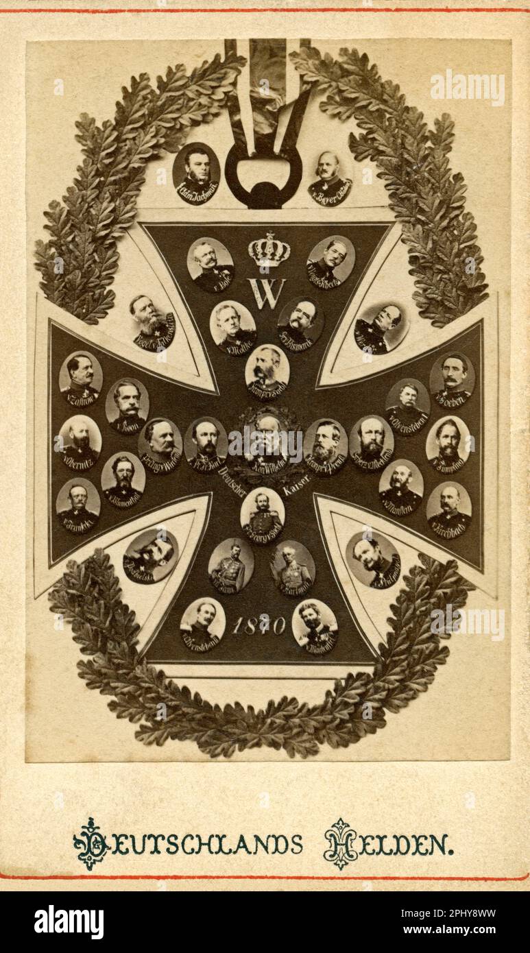 Europa, Deutschland, Deutsches Reich, Deutsch-Französischer Krieg, 1870-1871, Propagandakarte mit Eisernem Kreuz und Portraits der Heerführer 1870 mit dem Titel ' Deutschlands Helden ' , Rechte werden nicht vertreten . / Europe, Allemagne, Empire allemand, guerre franco-prussienne, carte de propagande avec la Croix de fer et portraits des dirigeants militaires allemands , 1870-1871, le titre : héros allemand, il n'y a pas de droits . Banque D'Images