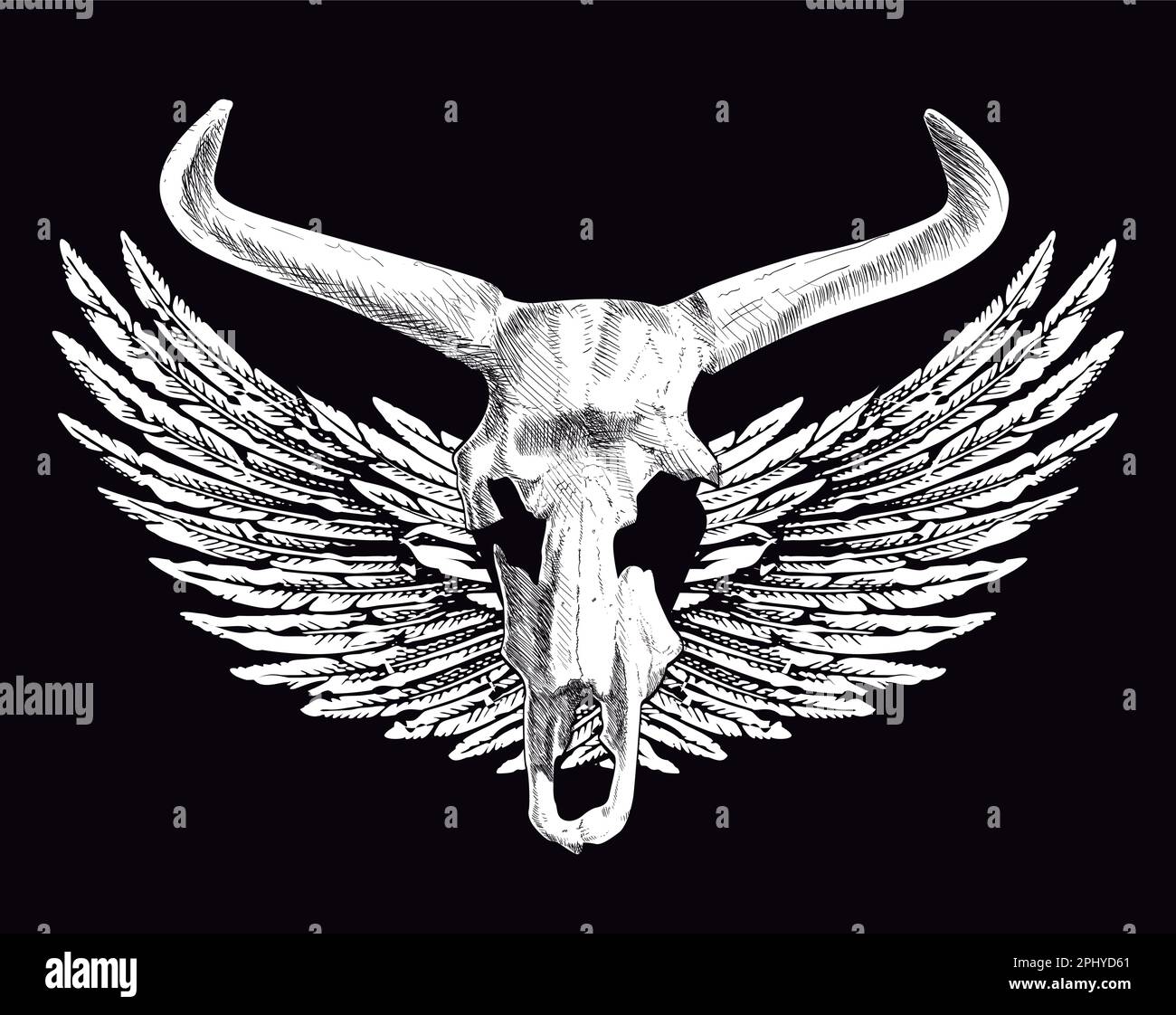 t-shirt à motif crâne animal avec cornes et ailes étirées sur fond noir. Illustration de Vecteur