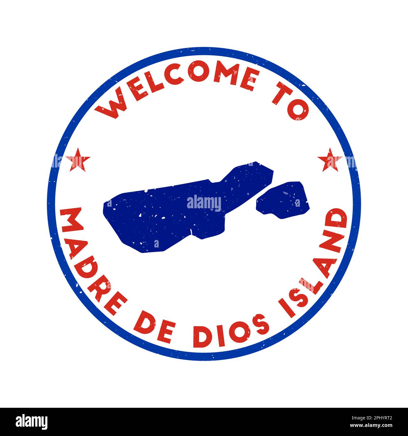 Bienvenue au timbre Madre de Dios Island. Timbre rond grunge Island avec texture dans le thème de couleur Fatal Fury. Illustration de Vecteur