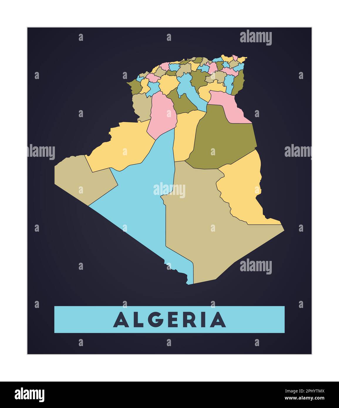 Carte Algérie. Affiche du pays avec les régions. Forme de l'Algérie avec le nom du pays. Illustration vectorielle étonnante. Illustration de Vecteur
