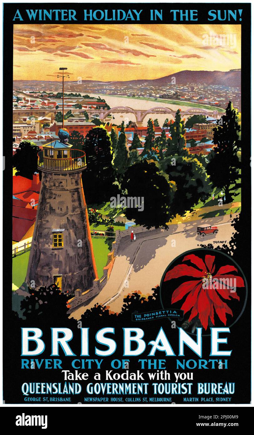 Des vacances d'hiver au soleil ! Brisbane. Ville fluviale du Nord par Percy Trompf (1902-1964). Affiche publiée en 1950s en Australie. Banque D'Images