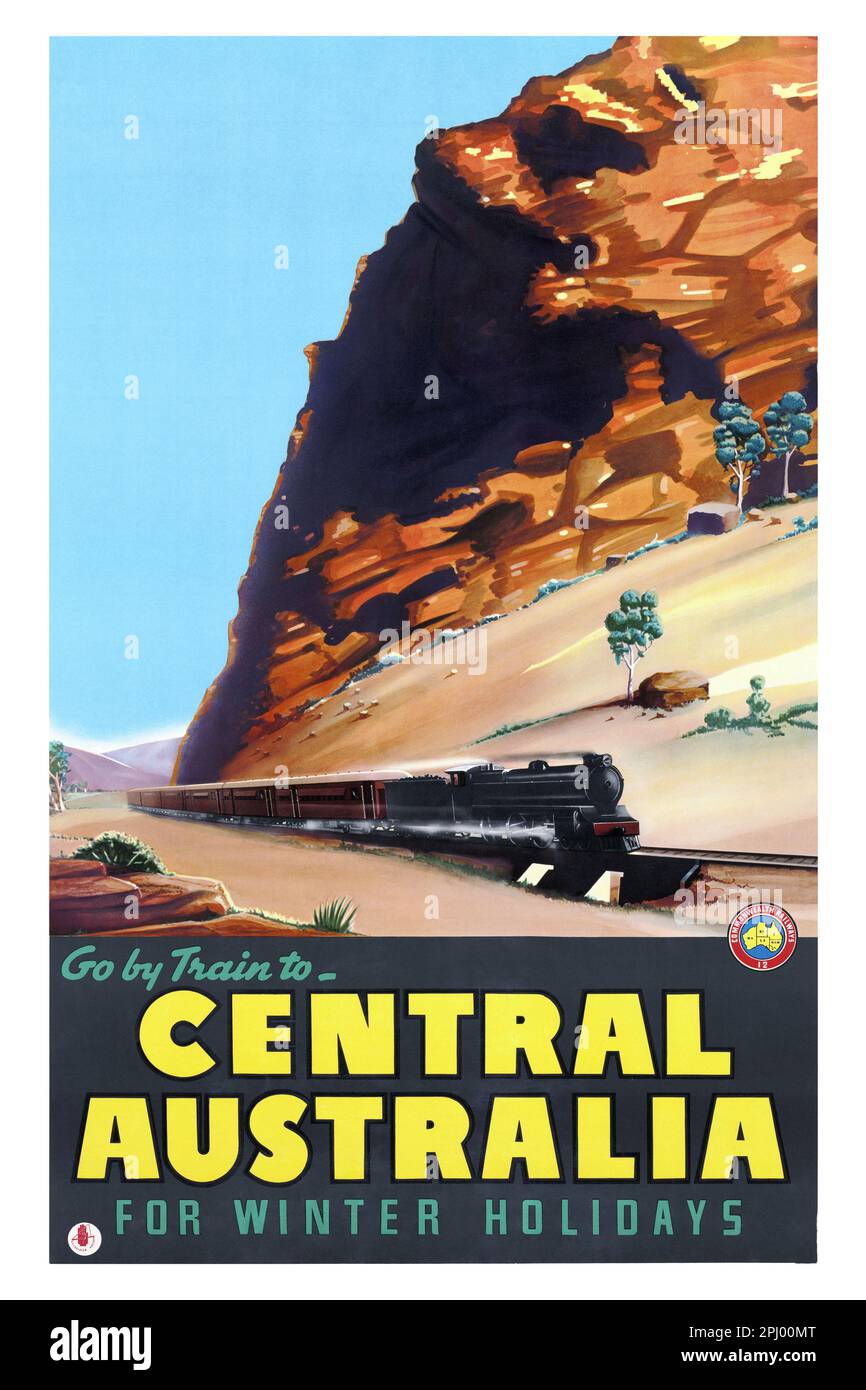 Prenez le train jusqu'à l'Australie centrale pour les vacances d'hiver. Artiste inconnu. Affiche publiée en 1950s en Australie. Banque D'Images