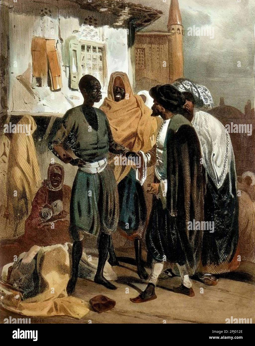 Marché d'esclaves à Ak Hissar en Turquie vers 1830. Dessin de. LeBlanc. - Marché des esclaves à Ak Hissar en Turquie vers 1830 Banque D'Images