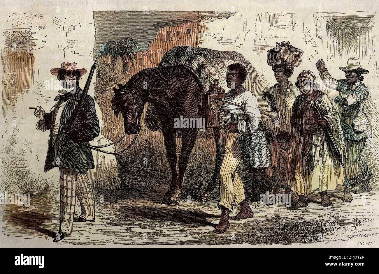 Retour d'une vente d'esclaves a Rio de Janeiro , dessin de Riou, pour illustrer le voyage au Bresil, en 1858-1859 de M.Biard. Gravure dans 'le tour du monde' 1861. Banque D'Images