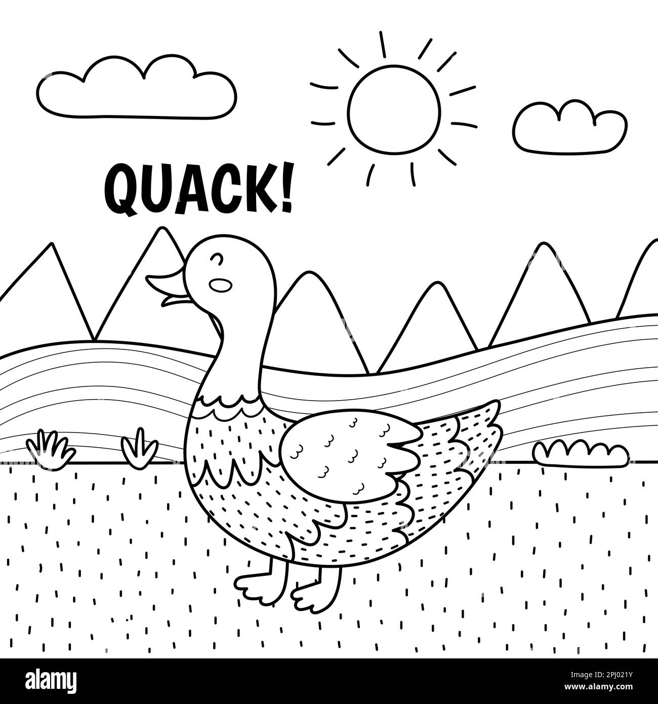 Imprimé noir et blanc « canard ». Mignon caractère de ferme sur un pâturage vert faisant un son Illustration de Vecteur