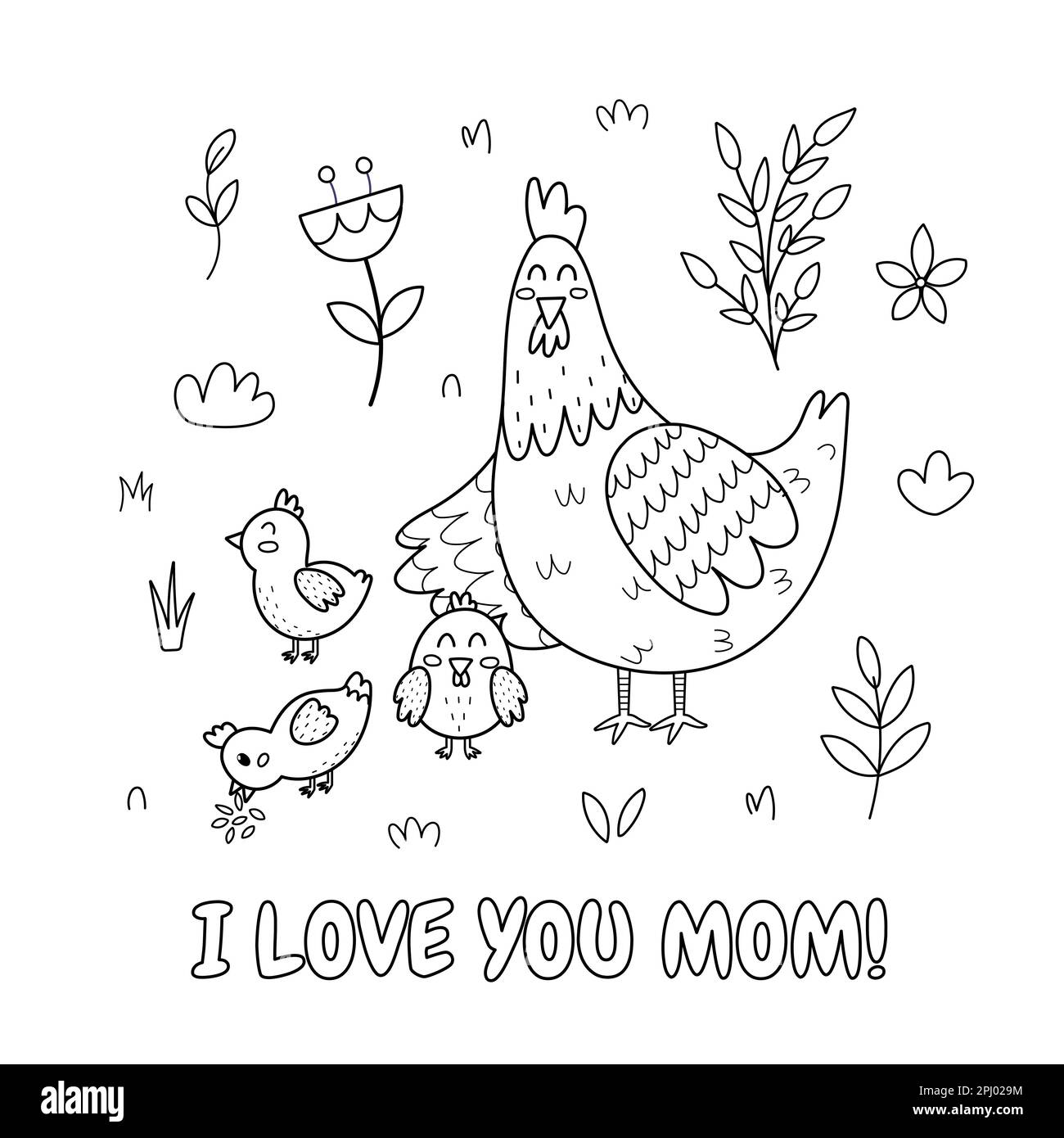 Je t'aime maman jamais noir et blanc imprimé avec une mère mignon poulet et son bébé poussin Illustration de Vecteur