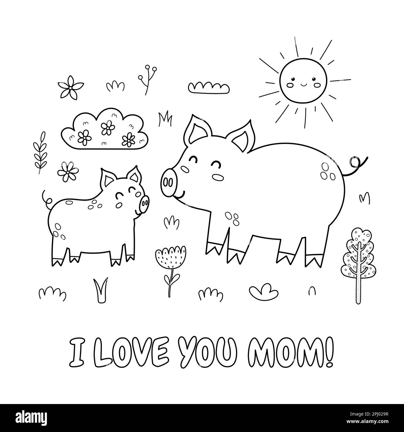 Je t'aime imprimé noir et blanc de maman avec un mignon cochon de mère et son porcelet de bébé Illustration de Vecteur