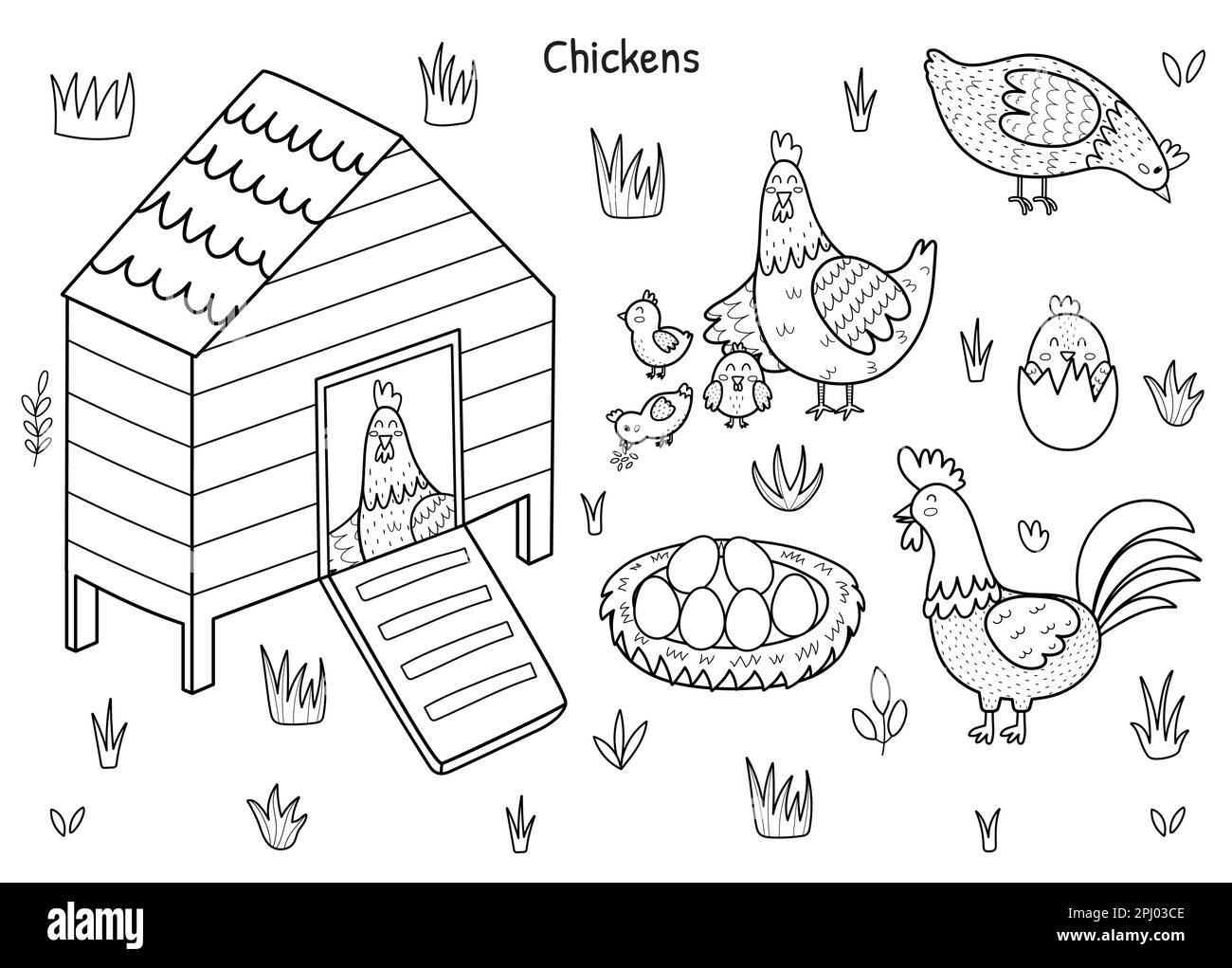 Ensemble de poulet noir et blanc avec une jolie poule, un coq, des poussins et des œufs Illustration de Vecteur