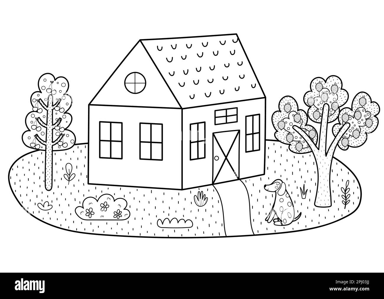 Imprimé paysage en noir et blanc avec un joli chien, une maison et des arbres. Pré d'été pour livre de coloriage Illustration de Vecteur