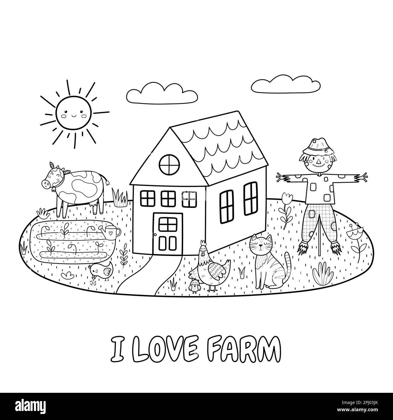 I Love Farm imprimé noir et blanc avec un joli fracas, une vache, une poule, un chat et une ferme Illustration de Vecteur
