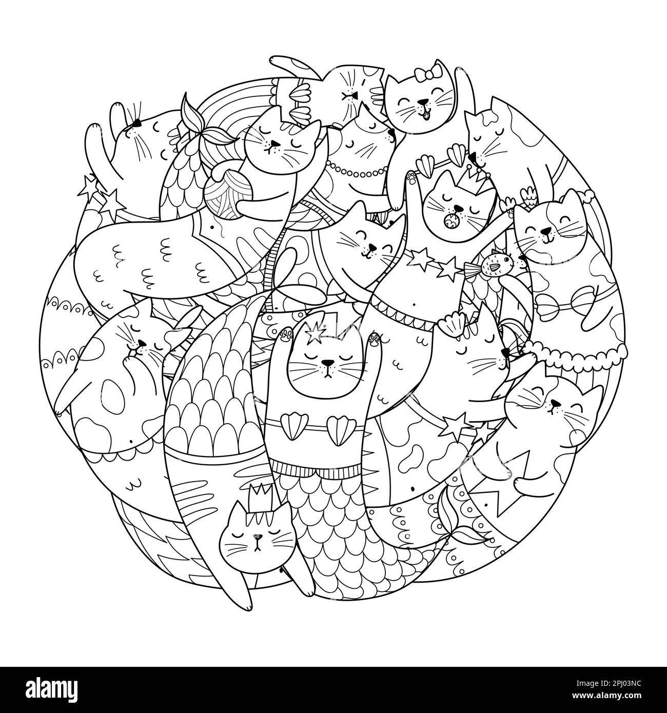 Jolie page de coloriage en forme de cercle de chats de sirène. Doodle mandala avec animaux félins drôles pour le livre de coloriage Illustration de Vecteur