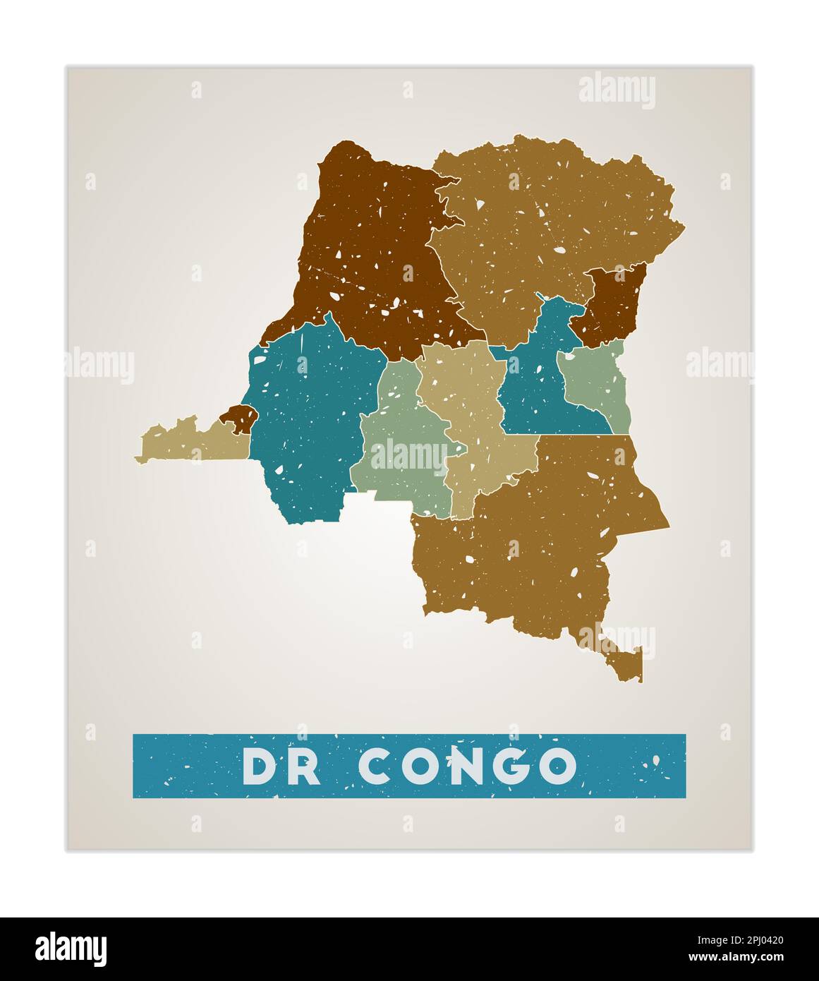 Carte du DR Congo. Affiche du pays avec les régions. Texture grunge ancienne. Forme de la RD Congo avec le nom du pays. Illustration vectorielle rayonnante. Illustration de Vecteur