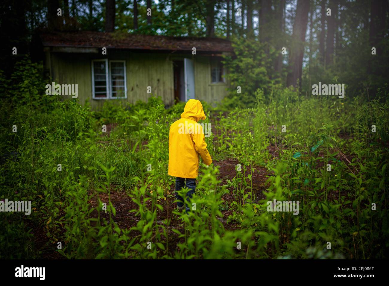 Un enfant dans un manteau jaune debout dans les bois en face d'une ancienne maison en bois. Un garçon de six ans, Pologne, Europe Banque D'Images