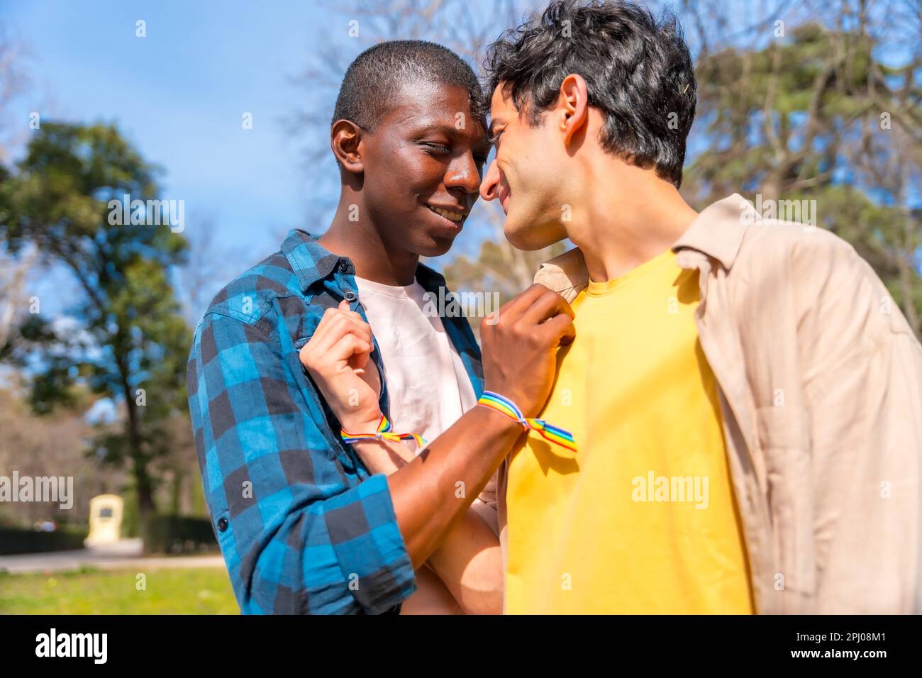 Portrait d'un couple multiethnique gay masculin sur une promenade romantique dans le parc, concept lgbt Banque D'Images