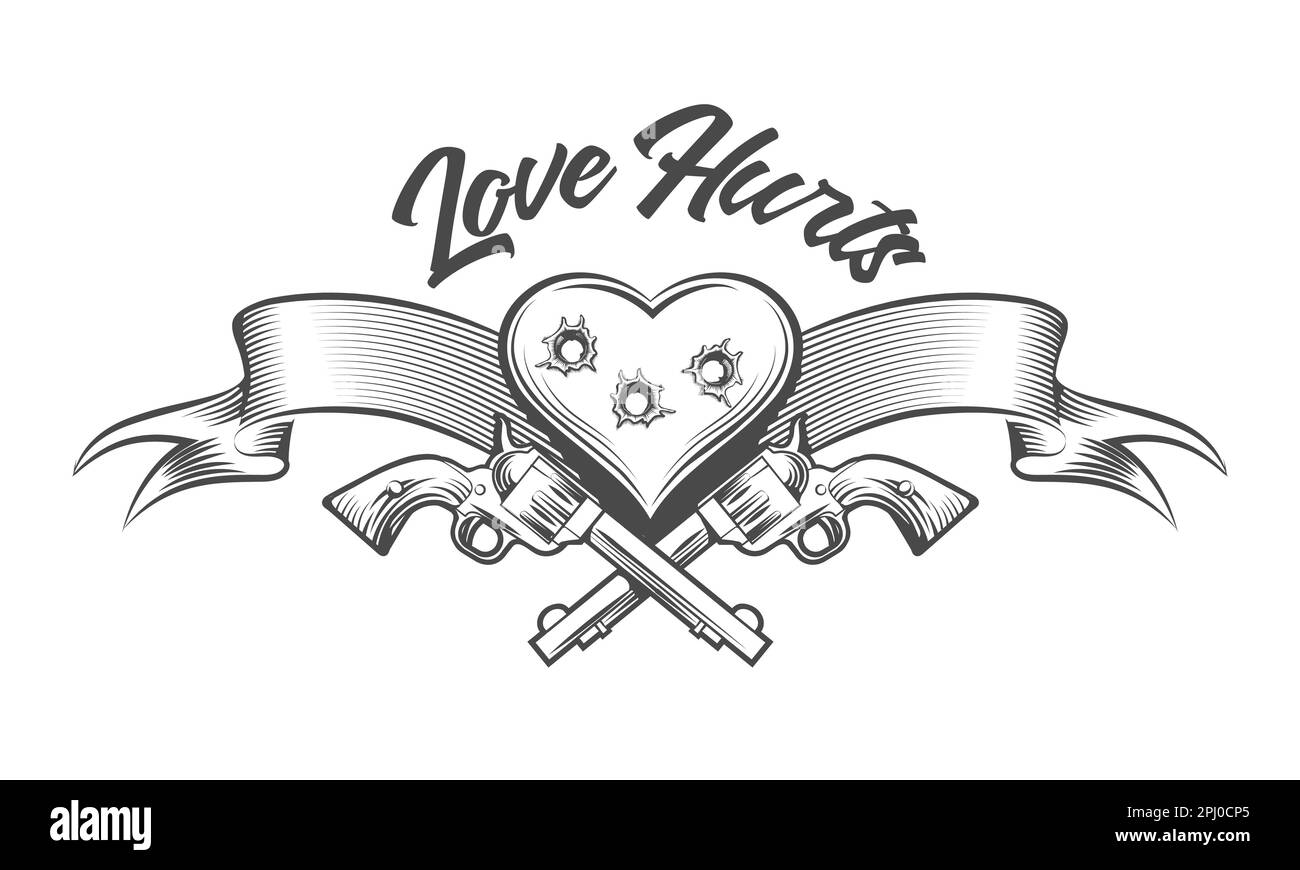 Tatouage de puce coeur percé avec Revolver, ruban et l'intitulé Love Hurts isolé sur blanc. Illustration vectorielle Illustration de Vecteur