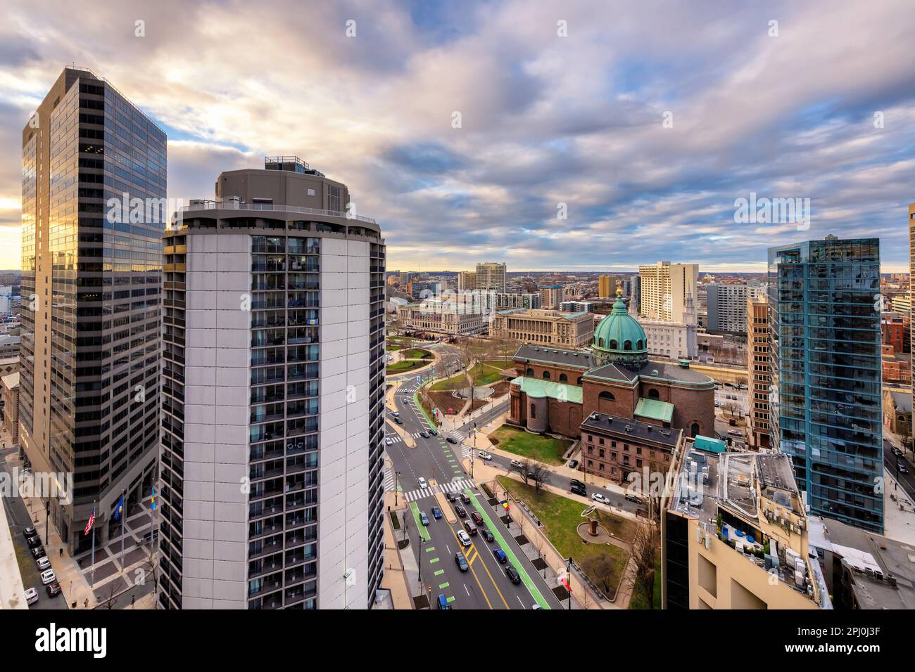 Vue aérienne de Philadelphie au coucher du soleil, Pennsylvanie. Banque D'Images