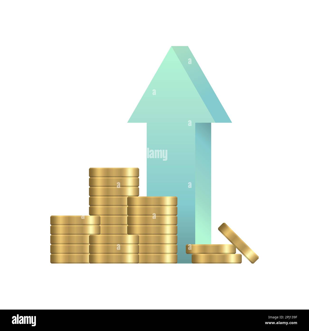 Pièces d'or et flèche vers le haut. Piles de pièces réalistes. Revenu en espèces, augmentation. Illustration vectorielle isolée sur fond blanc. Illustration de Vecteur