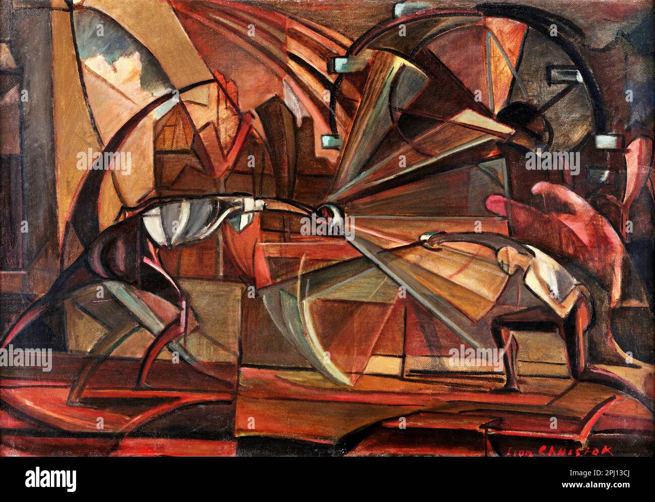 Match d'escrime de l'artiste polonais Leon Chwistek (1884-1944), huile sur carton, 1919 Banque D'Images