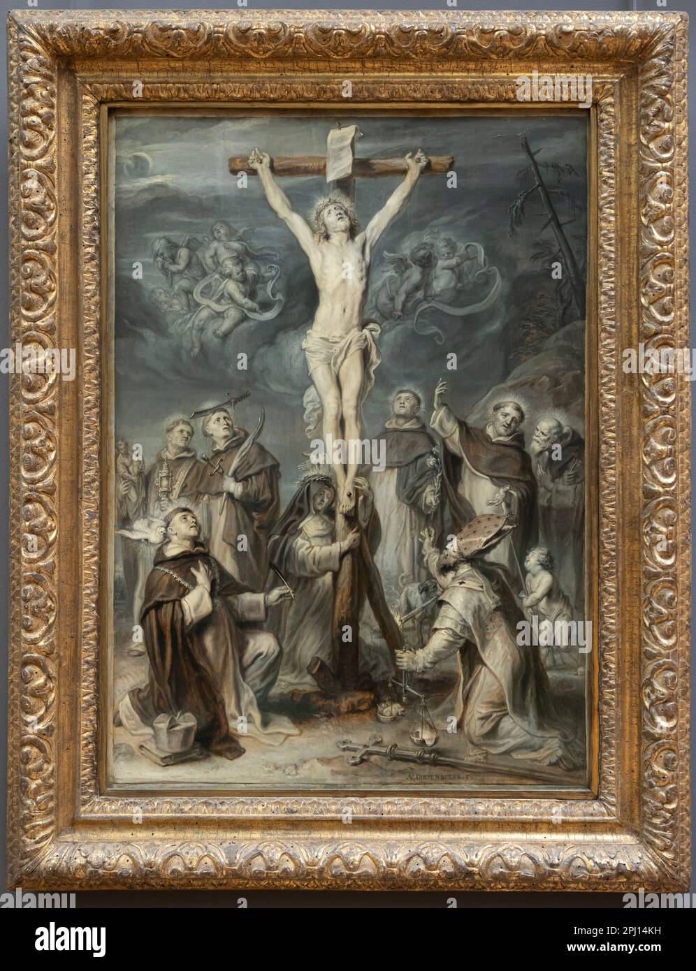 Paris, France - 02 19 2023 : Musée du Louvre. Christ sur la croix adoré par huit saints de l'ordre dominicain peint par Abraham Van Diepenbeek Banque D'Images