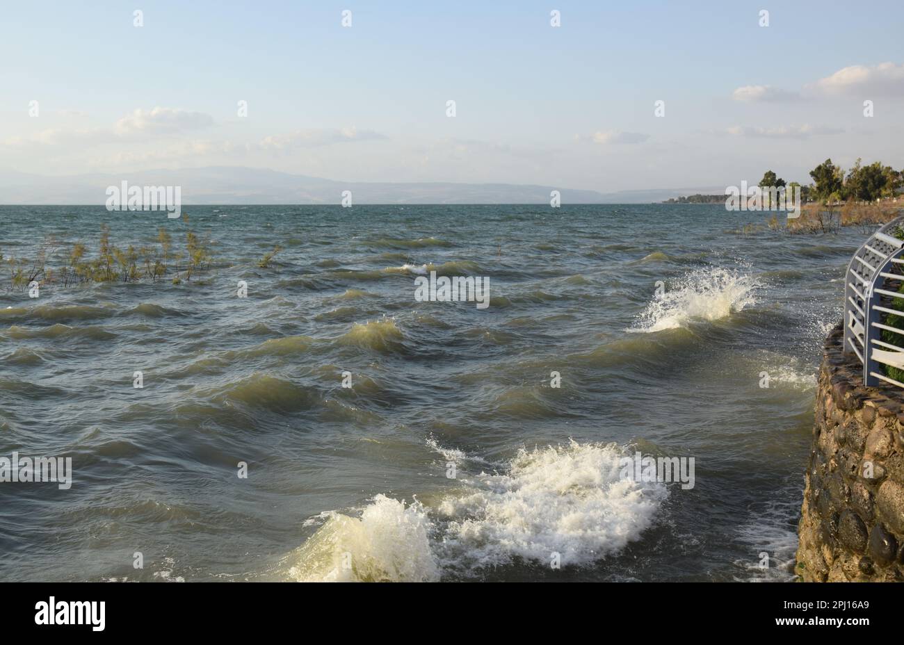 Des vagues écrasant à la plage de Rotem, sur la côte est de la mer de Galilée, en Israël Banque D'Images