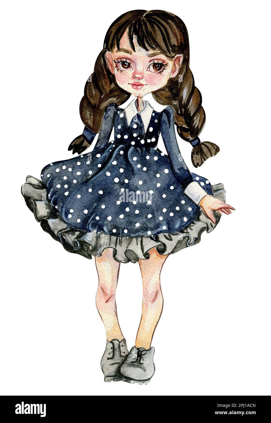 Aquarelle Dance du mercredi dessinée à la main.Illustration de la petite fille dans une robe sombre.Illustration dessinée à la main avec aquarelle sur un fond blanc. Banque D'Images