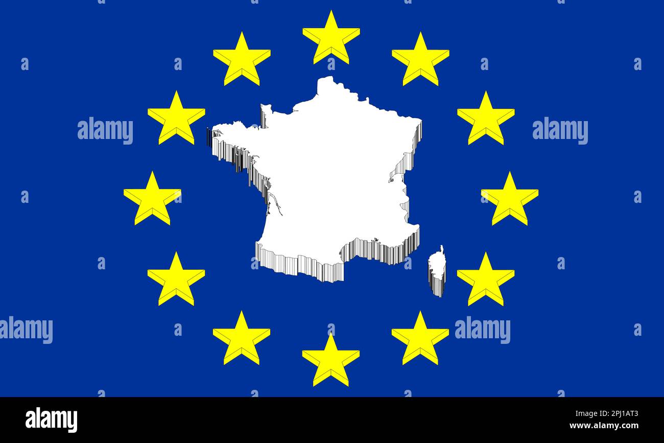 france, la silhouette de la france et les étoiles union européenne, logo et symbole de la france en 3d graphiques. tensions avec la pension. Banque D'Images