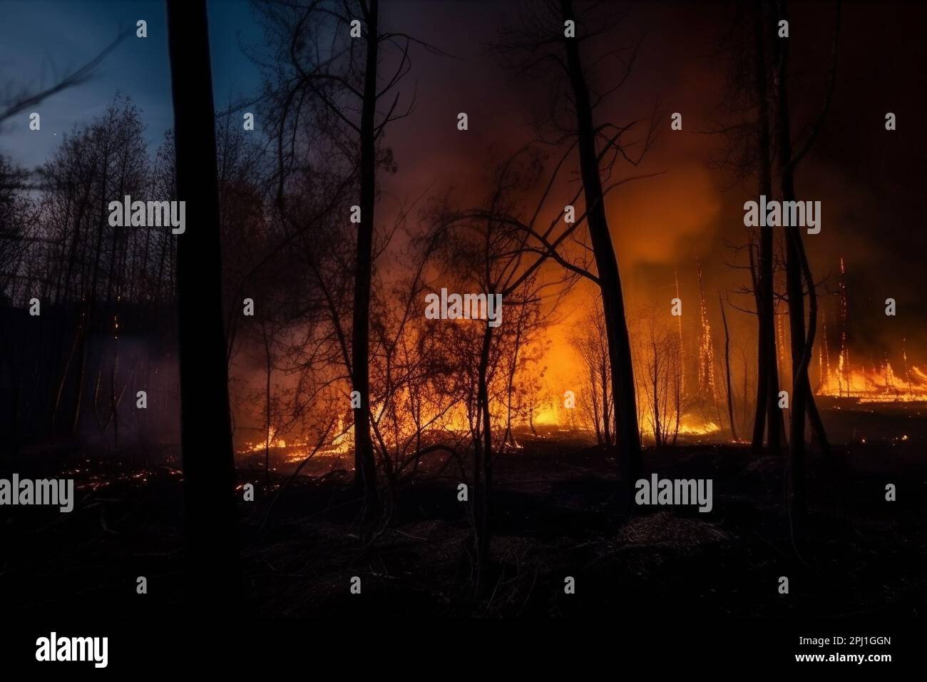 Feu de forêt désastre, arbres brûlant la nuit, destruction de la nature de feu de forêt Banque D'Images