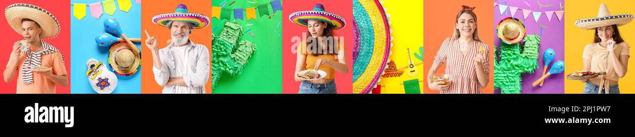 Ensemble de Mexicains avec sombrero, cuisine traditionnelle, maracas et décoration sur fond coloré Banque D'Images