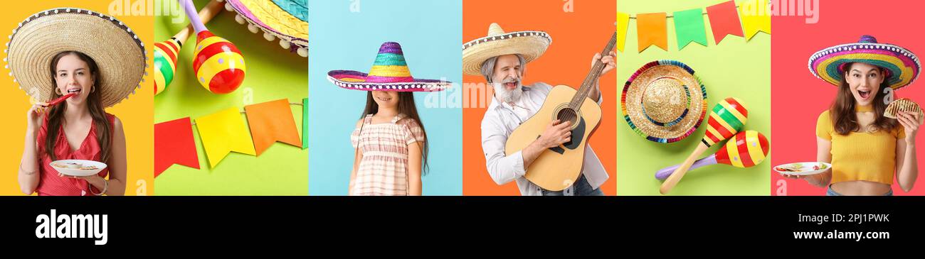 Collage de gens mexicains heureux avec sombrero, guitare, cuisine traditionnelle et maracas sur fond coloré Banque D'Images