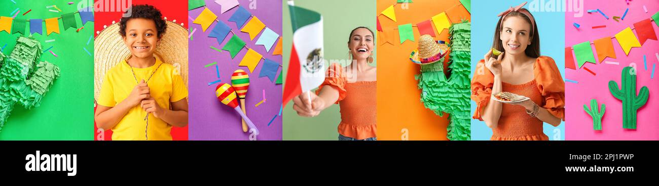 Collage de gens mexicains heureux avec sombrero, drapeau, cuisine traditionnelle, maracas et décorations sur fond coloré Banque D'Images