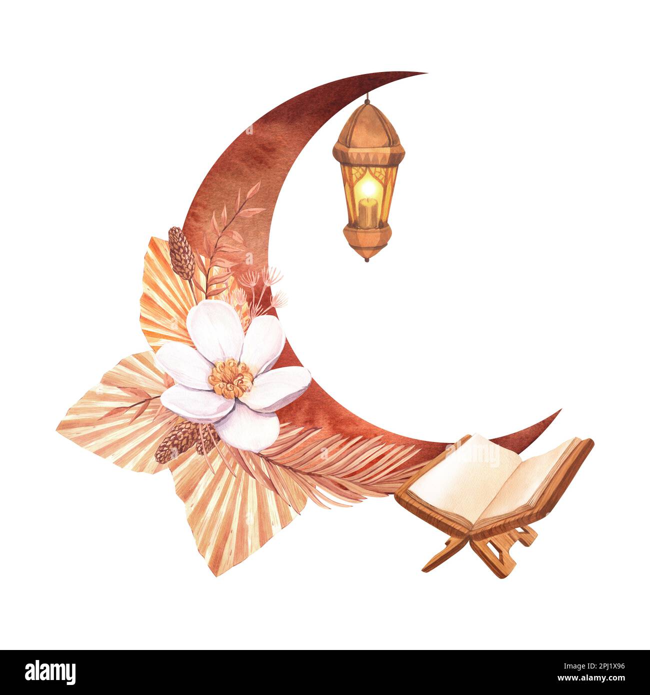 Lune dorée aquarelle et lanterne avec bougie, fleurs sèches.Illustration dessinée à la main isolée sur fond blanc.idéale pour la célébration islamique Banque D'Images