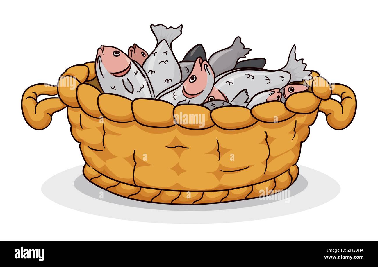 Panier traditionnel en fibres naturelles avec poignées, rempli de poissons, pour commémorer le miracle biblique de nourrir la multitude. Style dessin animé. Illustration de Vecteur