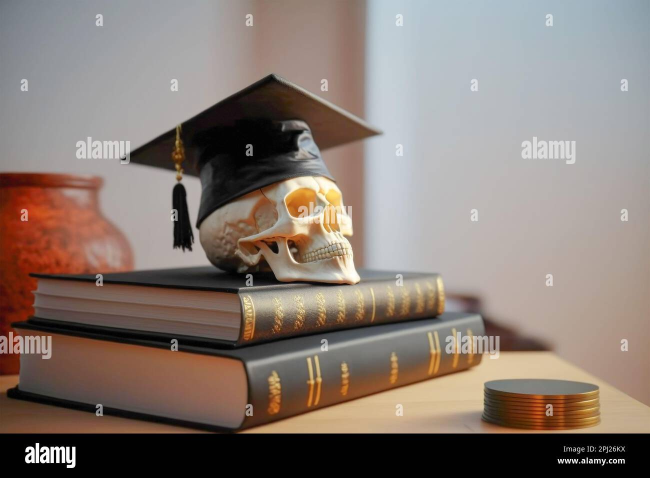 Le crâne d'un homme dans une casquette de diplômé traditionnelle se trouve sur des livres universitaires. Le concept de la remise des diplômes de l'école, de l'université, de l'éducation, de l'étude Banque D'Images