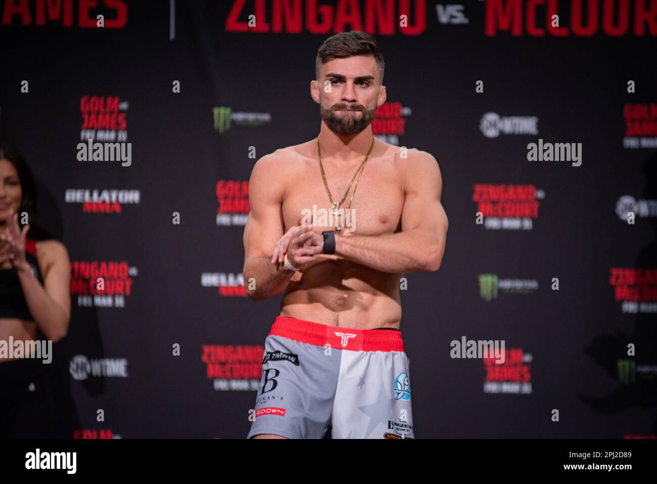 Temecula, Californie, États-Unis. 30th mars 2023. Temecula, CA - 30 mars: Bryce Meredith pèse à 135,6lbs devant Bellator 293 Golm vs James au Pechanga Resort and Casino on 31 mars 2023 à Temecula, Californie, Etats-Unis. (Credit image: © Matt Davies/PX Imagens via ZUMA Press Wire) USAGE ÉDITORIAL SEULEMENT! Non destiné À un usage commercial ! Banque D'Images