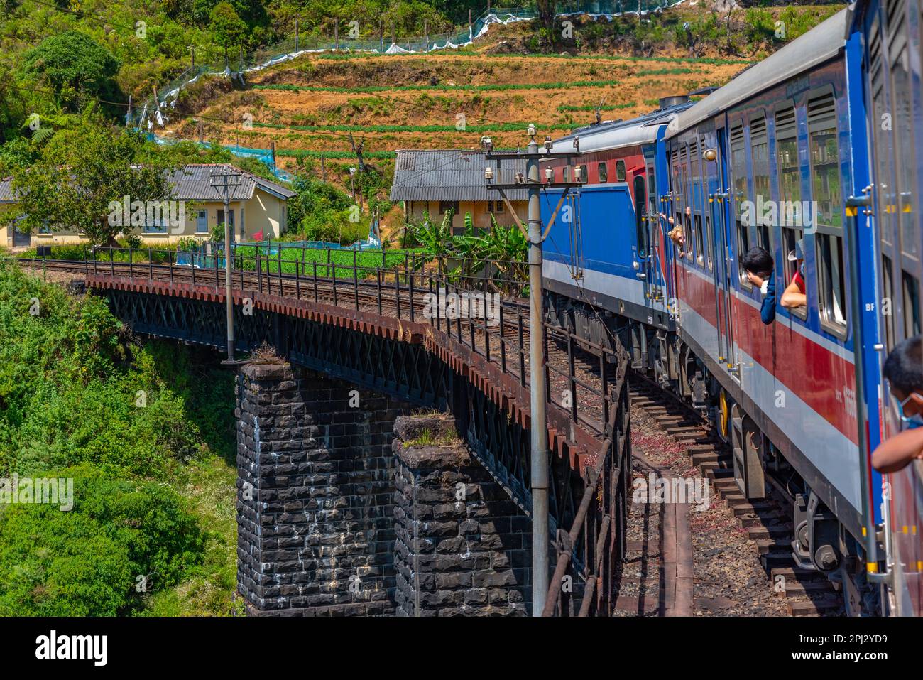 Nuwara Eliya, Sri Lanka, 30 janvier 2022: Train qui s'enroule sur une piste à flanc de colline parmi les plantations de thé au Sri Lanka. Banque D'Images