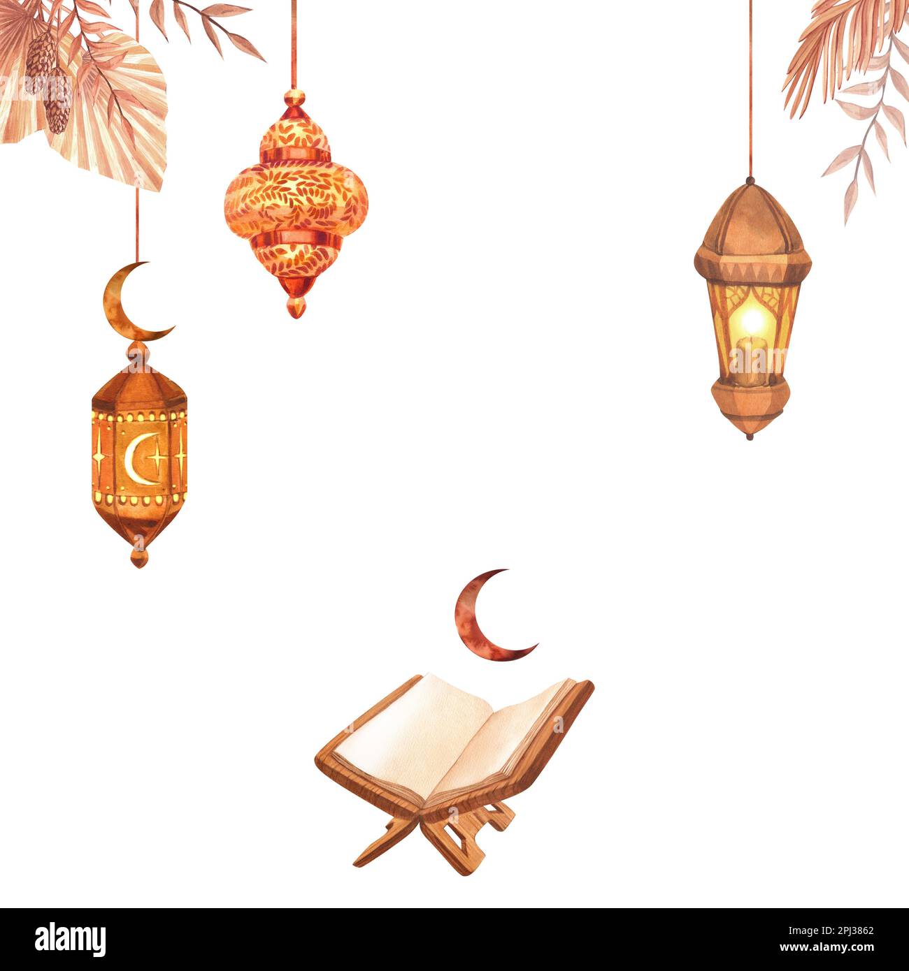 Cadre aquarelle lampe lanterne dorée, fleurs sèches et livre Saint de Coran.Illustration dessinée à la main isolée sur fond blanc. Pour la célébration islamique Banque D'Images