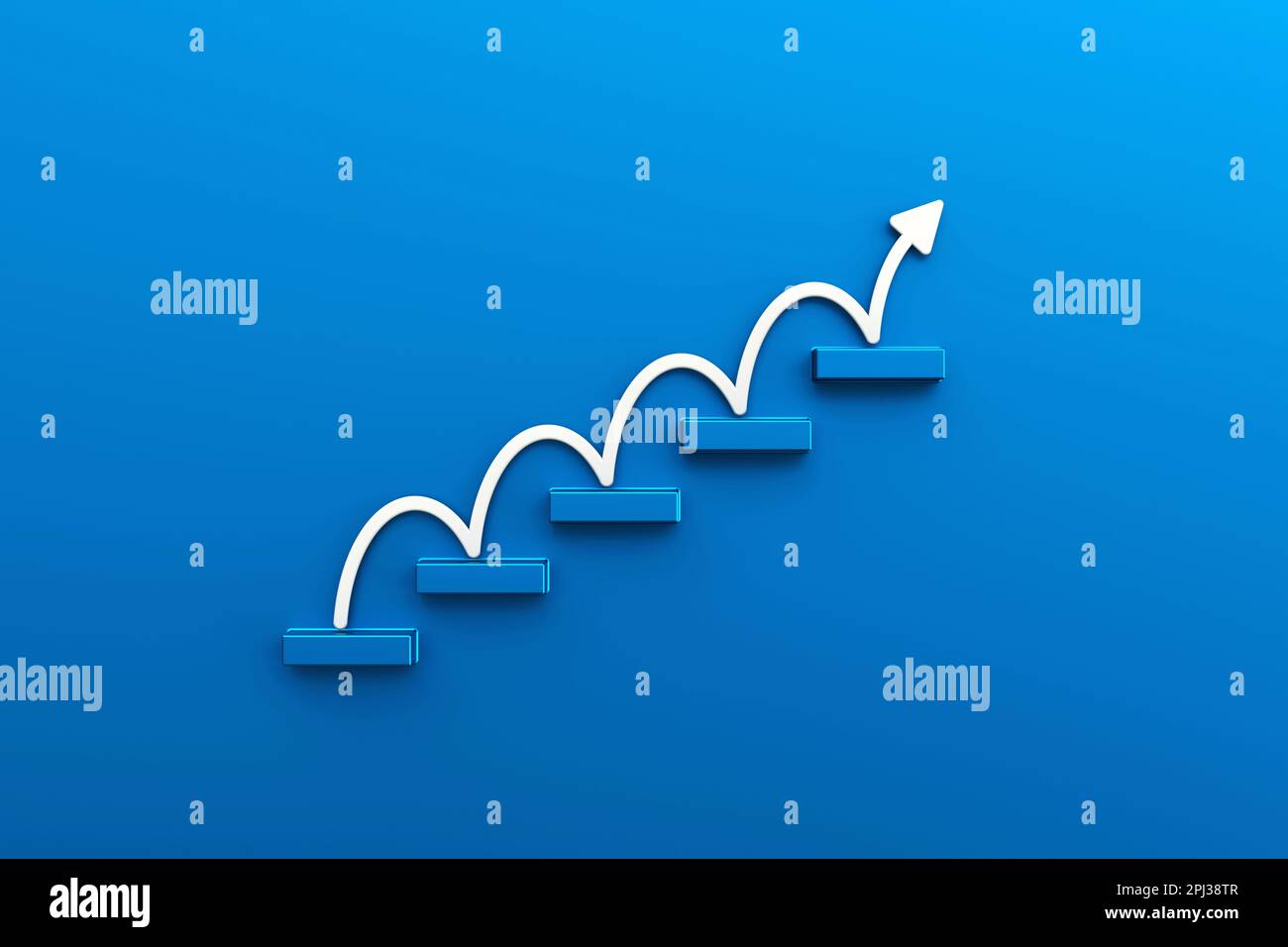 Empilement de blocs en métal bleu comme escalier avec flèche blanche vers le haut sur fond bleu, concept d'échelle de réussite dans la croissance de l'entreprise, espace de copie. 3d rendu Banque D'Images