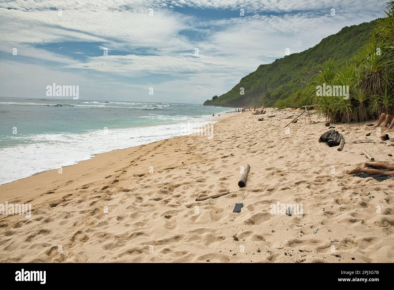 La plage idyllique de Nyang Nyang à Uluwatu sur Bali en Indonésie, avec des arbres et une colline le long de la plage. Banque D'Images