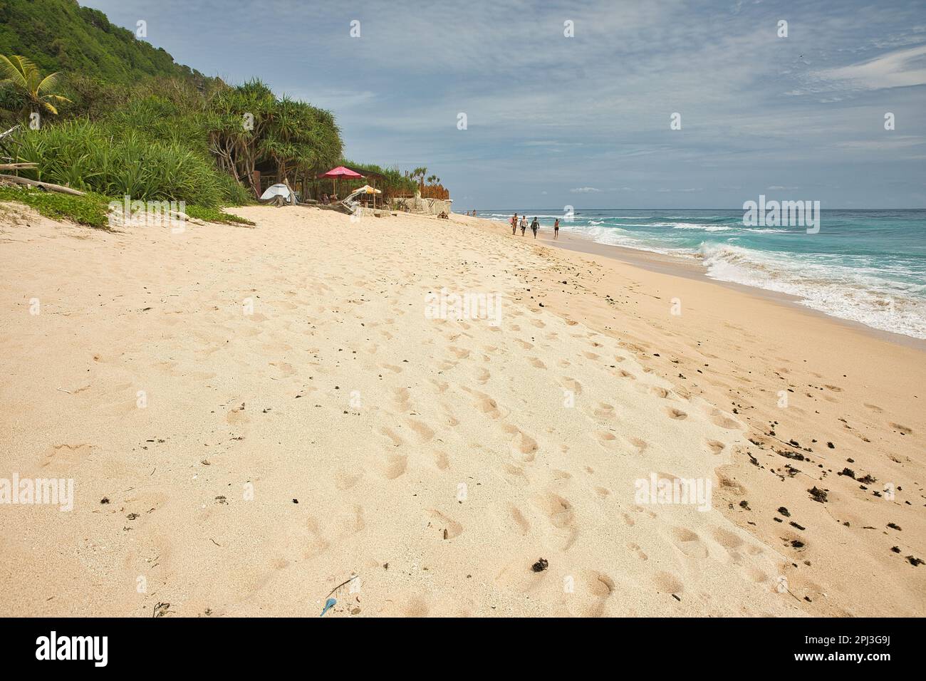 La plage idyllique de Nyang Nyang à Uluwatu sur Bali en Indonésie, avec des arbres le long de la plage. Banque D'Images